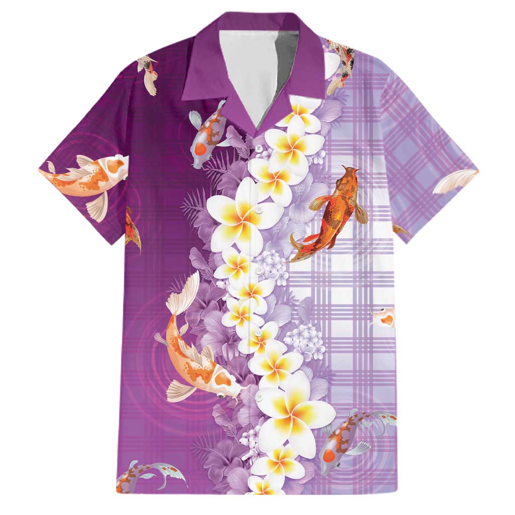 Hawaii And Japan Family Matching Off Shoulder Short Dress and Hawaiian Shirt Plumeria Lei With Koi Fish Purple LT05 Dad's Shirt - Short Sleeve Purple - Polynesian Pride