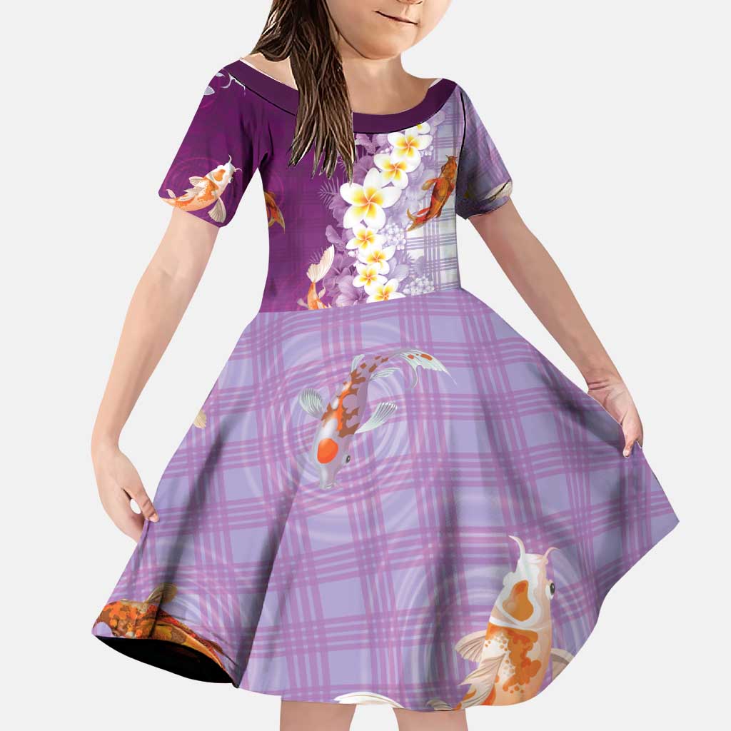 Hawaii And Japan Family Matching Puletasi and Hawaiian Shirt Plumeria Lei With Koi Fish Purple LT05 Daughter's Dress Purple - Polynesian Pride