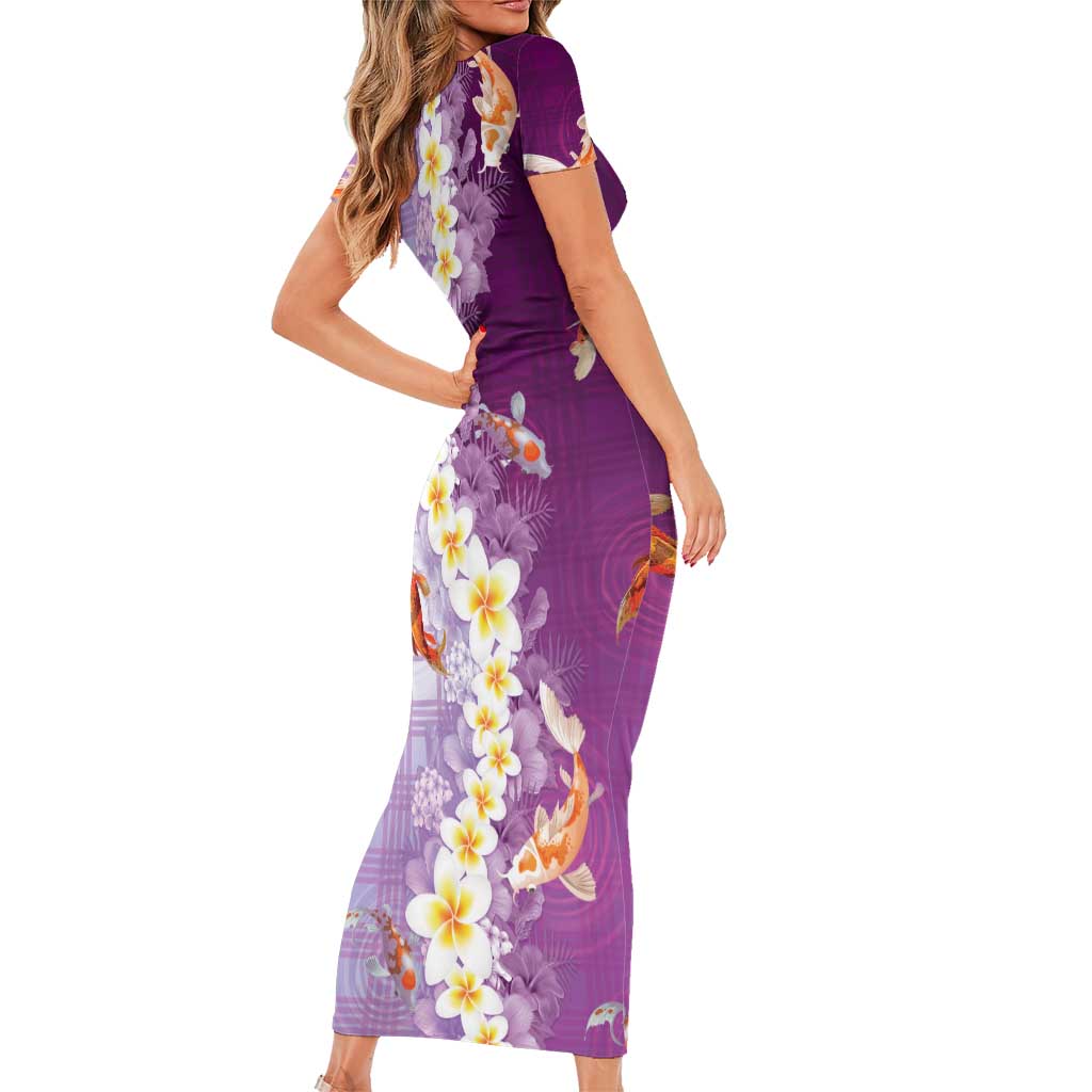 Hawaii And Japan Family Matching Short Sleeve Bodycon Dress and Hawaiian Shirt Plumeria Lei With Koi Fish Purple LT05 - Polynesian Pride