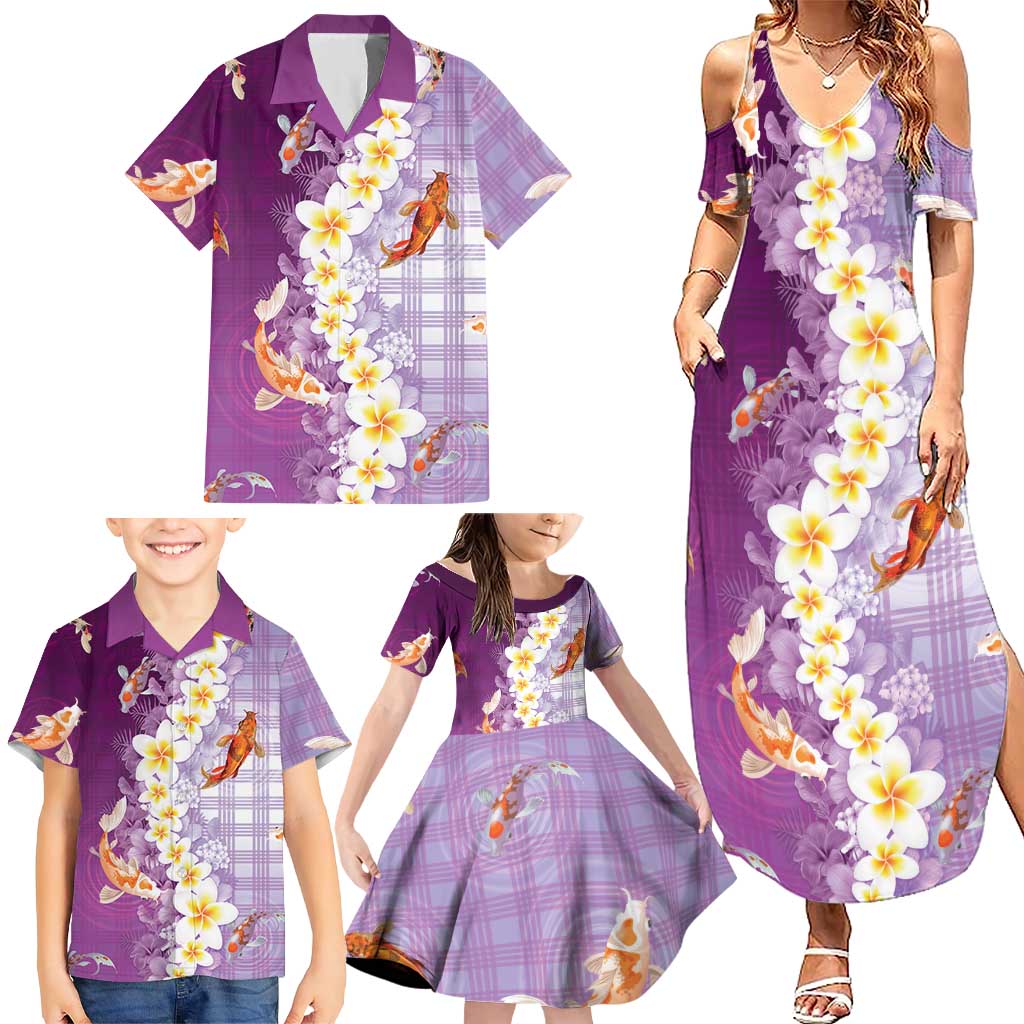 Hawaii And Japan Family Matching Summer Maxi Dress and Hawaiian Shirt Plumeria Lei With Koi Fish Purple LT05 - Polynesian Pride