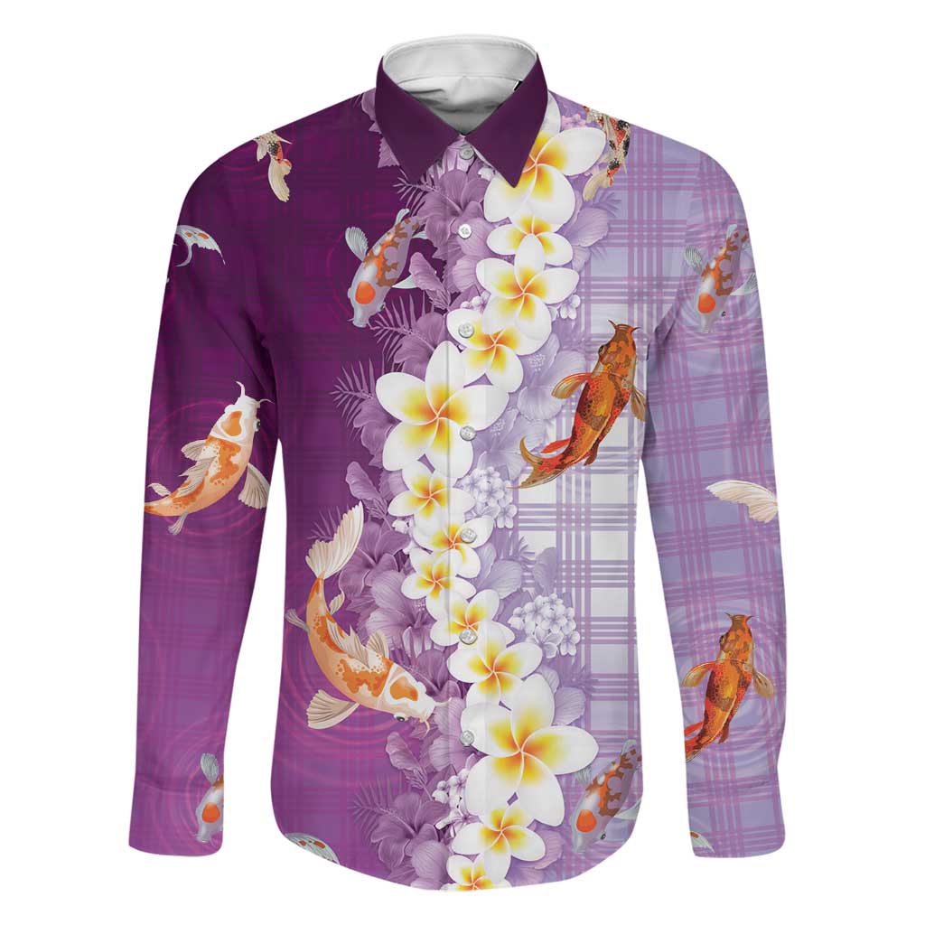 Hawaii And Japan Family Matching Summer Maxi Dress and Hawaiian Shirt Plumeria Lei With Koi Fish Purple LT05 Dad's Shirt - Long Sleeve Purple - Polynesian Pride