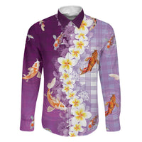 Hawaii And Japan Family Matching Summer Maxi Dress and Hawaiian Shirt Plumeria Lei With Koi Fish Purple LT05 Dad's Shirt - Long Sleeve Purple - Polynesian Pride