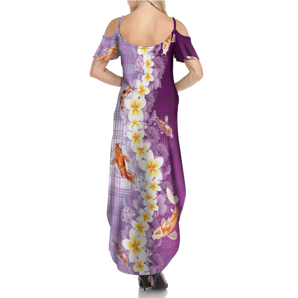 Hawaii And Japan Family Matching Summer Maxi Dress and Hawaiian Shirt Plumeria Lei With Koi Fish Purple LT05 - Polynesian Pride