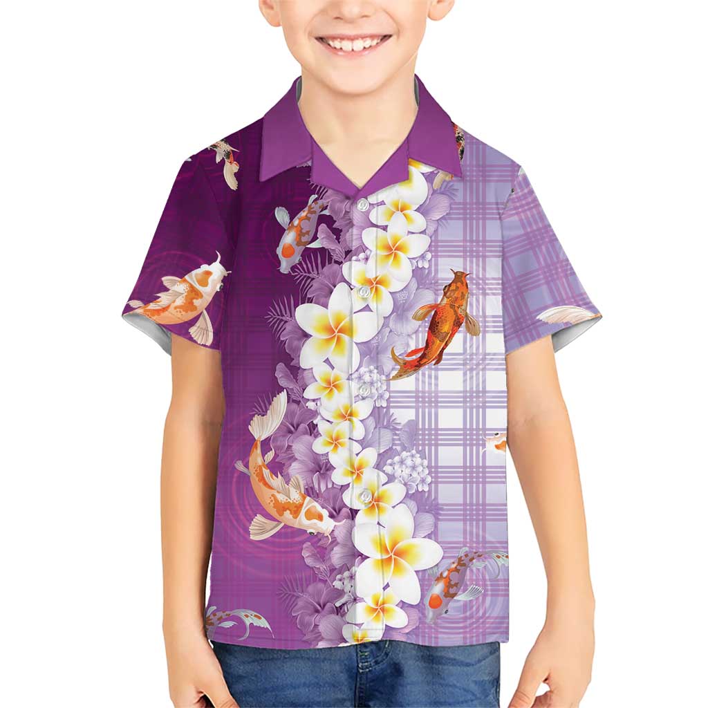 Hawaii And Japan Family Matching Summer Maxi Dress and Hawaiian Shirt Plumeria Lei With Koi Fish Purple LT05 Son's Shirt Purple - Polynesian Pride