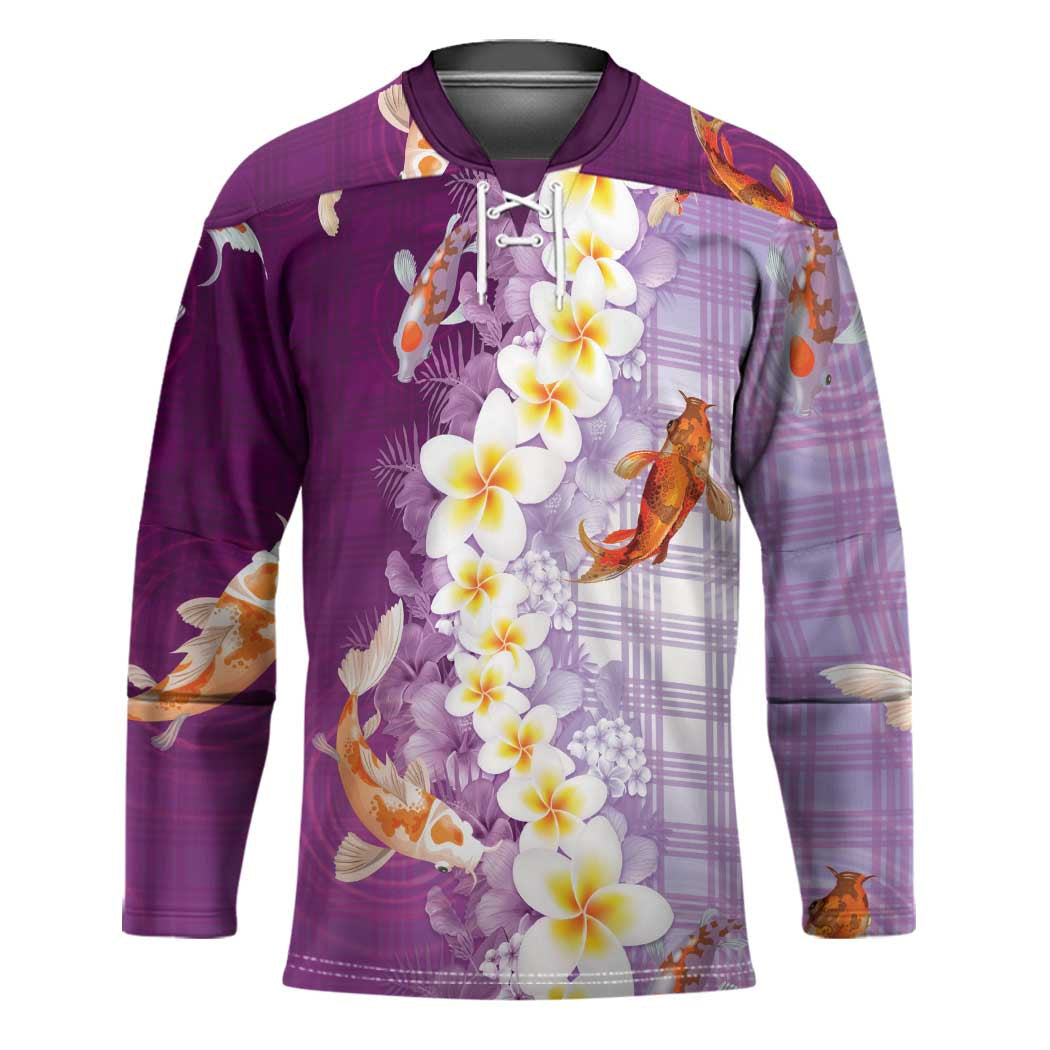 Hawaii And Japan Hockey Jersey Plumeria Lei With Koi Fish Purple - Polynesian Pride