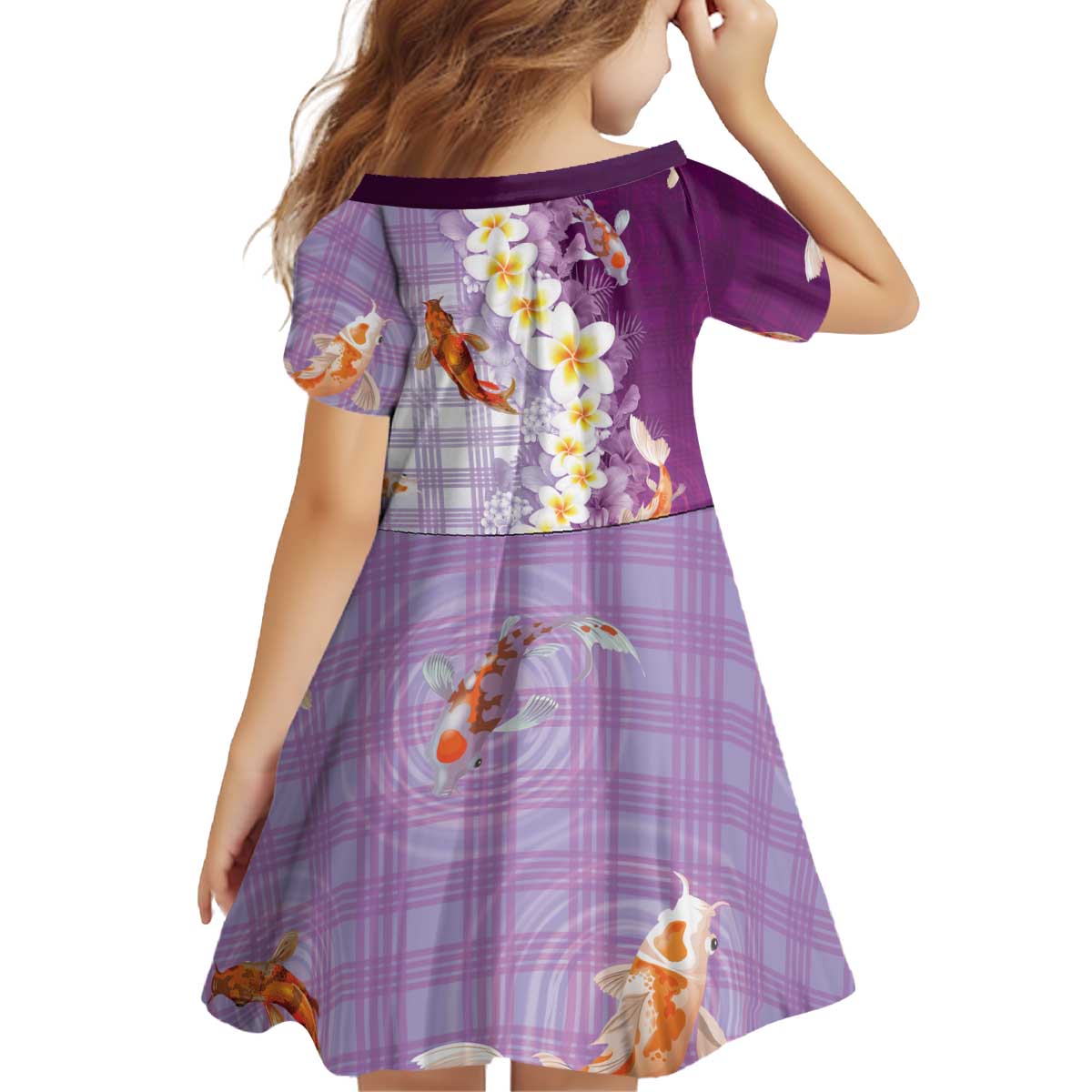 Hawaii And Japan Kid Short Sleeve Dress Plumeria Lei With Koi Fish Purple LT05 - Polynesian Pride
