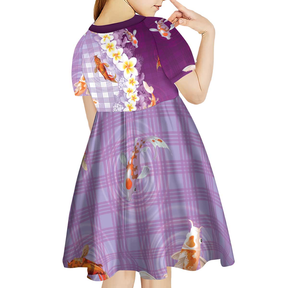 Hawaii And Japan Kid Short Sleeve Dress Plumeria Lei With Koi Fish Purple LT05 - Polynesian Pride