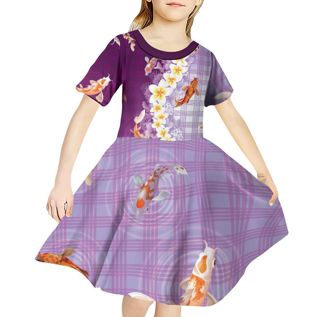 Hawaii And Japan Kid Short Sleeve Dress Plumeria Lei With Koi Fish Purple LT05 - Polynesian Pride