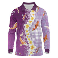 Hawaii And Japan Long Sleeve Polo Shirt Plumeria Lei With Koi Fish Purple LT05 Purple - Polynesian Pride