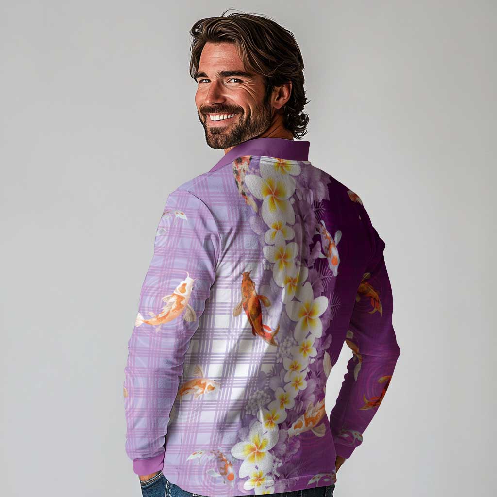 Hawaii And Japan Long Sleeve Polo Shirt Plumeria Lei With Koi Fish Purple LT05 - Polynesian Pride