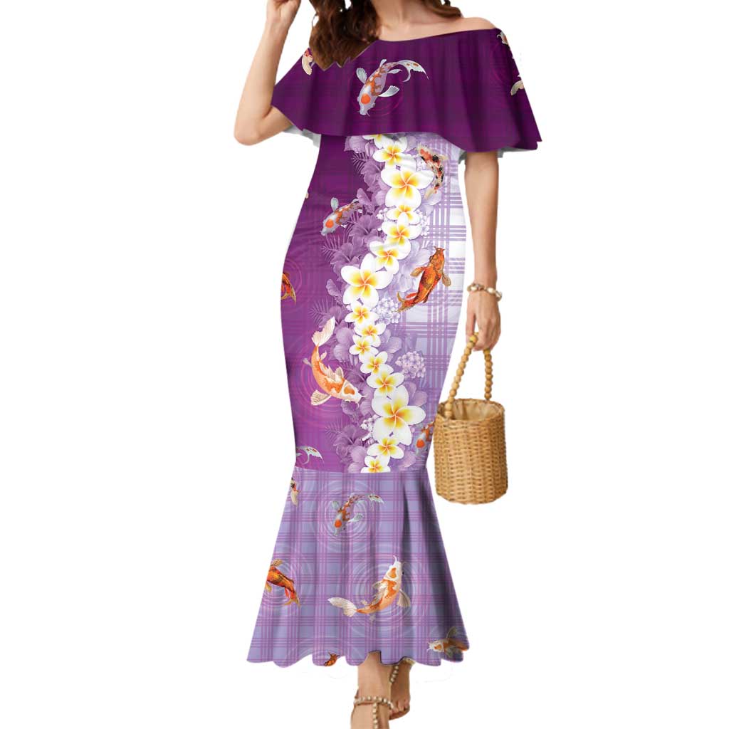 Hawaii And Japan Mermaid Dress Plumeria Lei With Koi Fish Purple LT05 Women Purple - Polynesian Pride