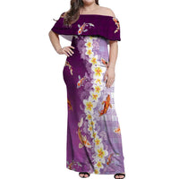 Hawaii And Japan Off Shoulder Maxi Dress Plumeria Lei With Koi Fish Purple LT05 Women Purple - Polynesian Pride