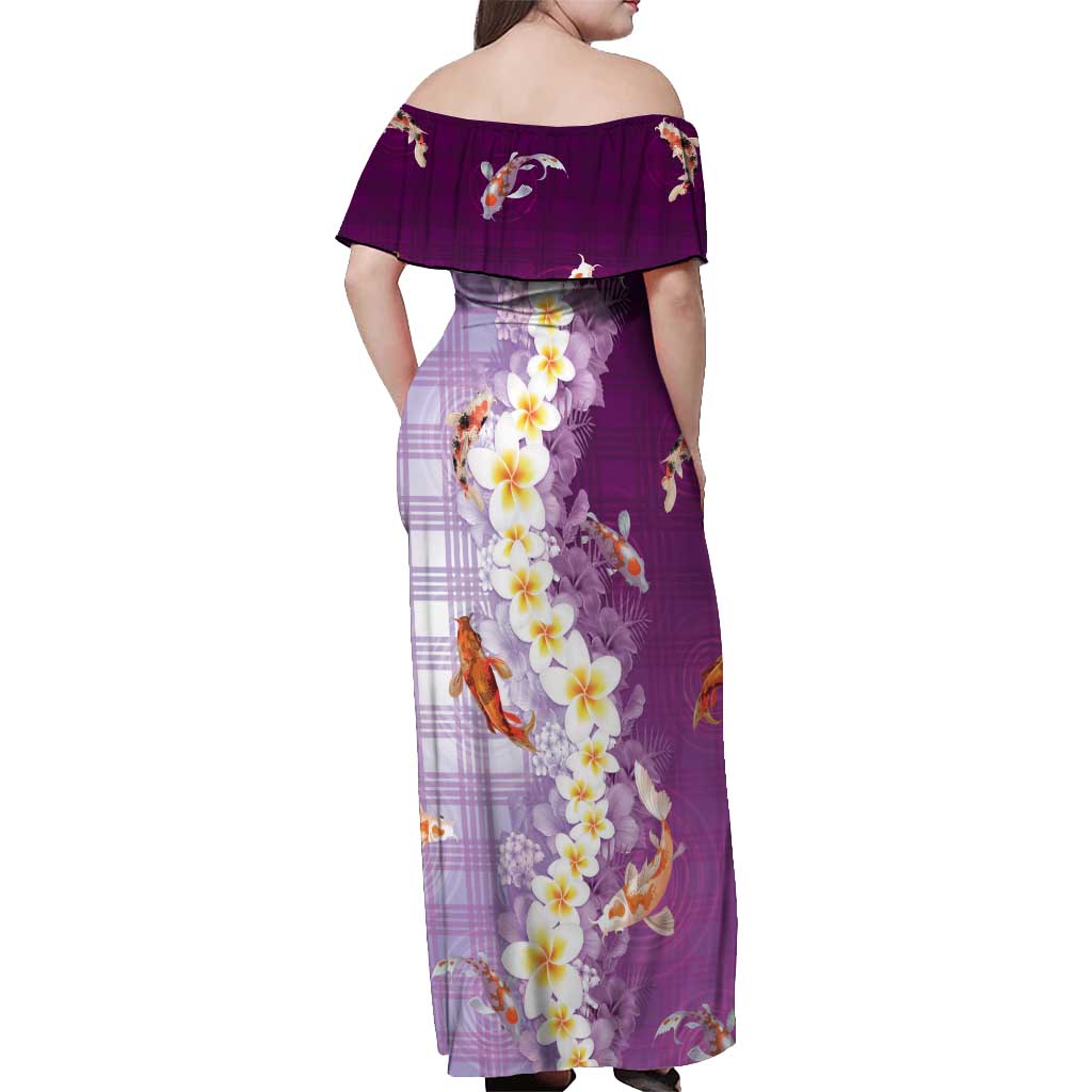 Hawaii And Japan Off Shoulder Maxi Dress Plumeria Lei With Koi Fish Purple LT05 - Polynesian Pride
