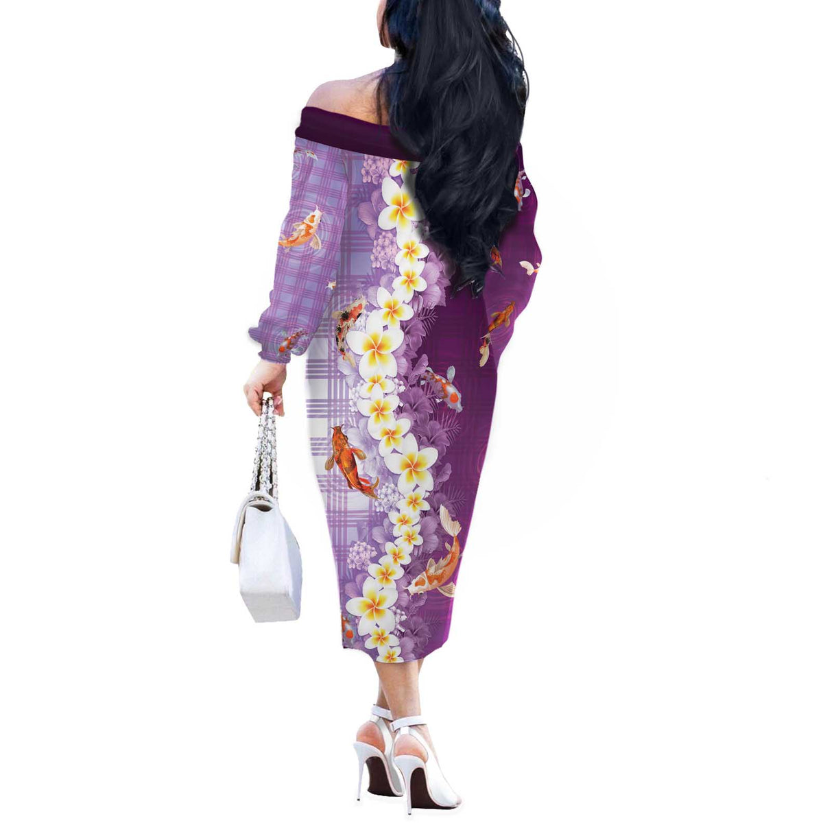 Hawaii And Japan Off The Shoulder Long Sleeve Dress Plumeria Lei With Koi Fish Purple LT05 - Polynesian Pride