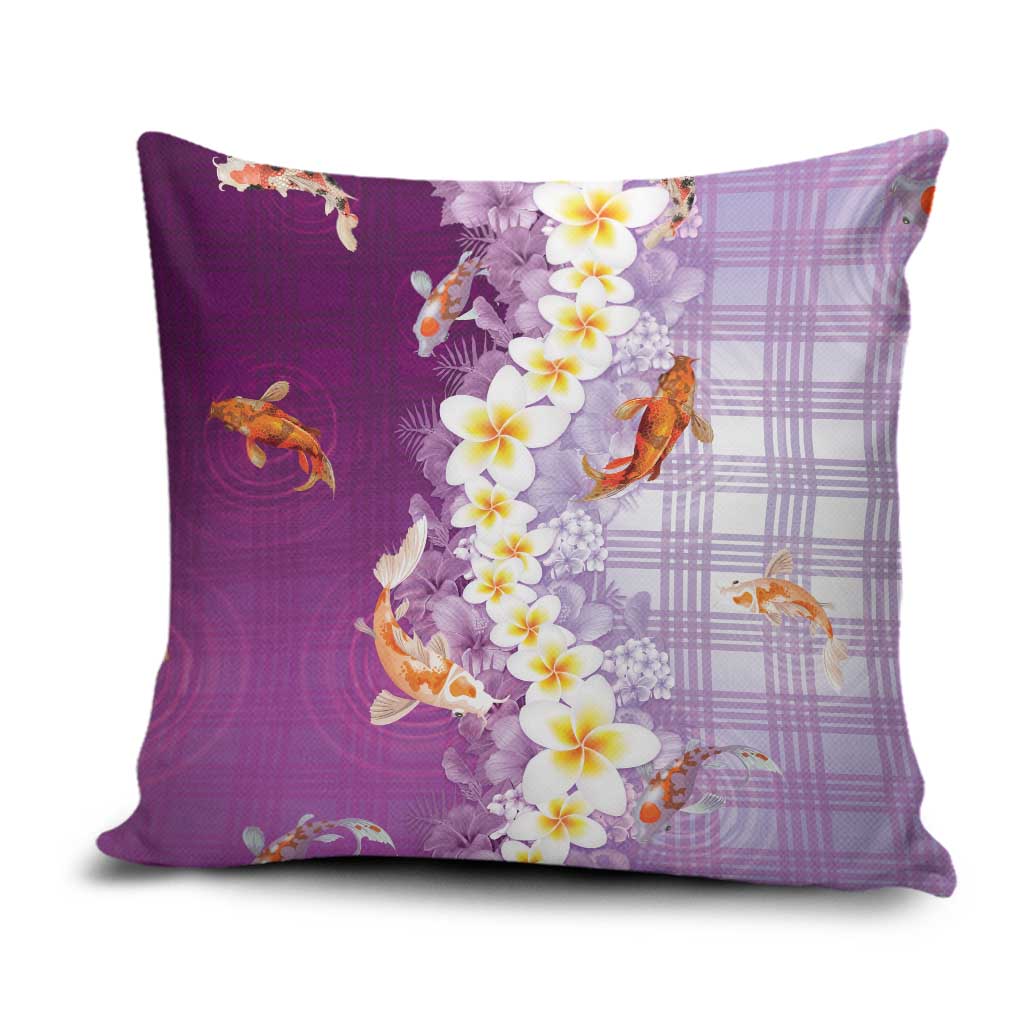 Hawaii And Japan Pillow Cover Plumeria Lei With Koi Fish Purple - Polynesian Pride