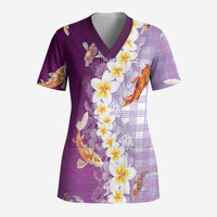 Hawaii And Japan Scrub Top Plumeria Lei With Koi Fish Purple LT05 Adult Purple - Polynesian Pride