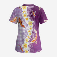 Hawaii And Japan Scrub Top Plumeria Lei With Koi Fish Purple LT05 - Polynesian Pride