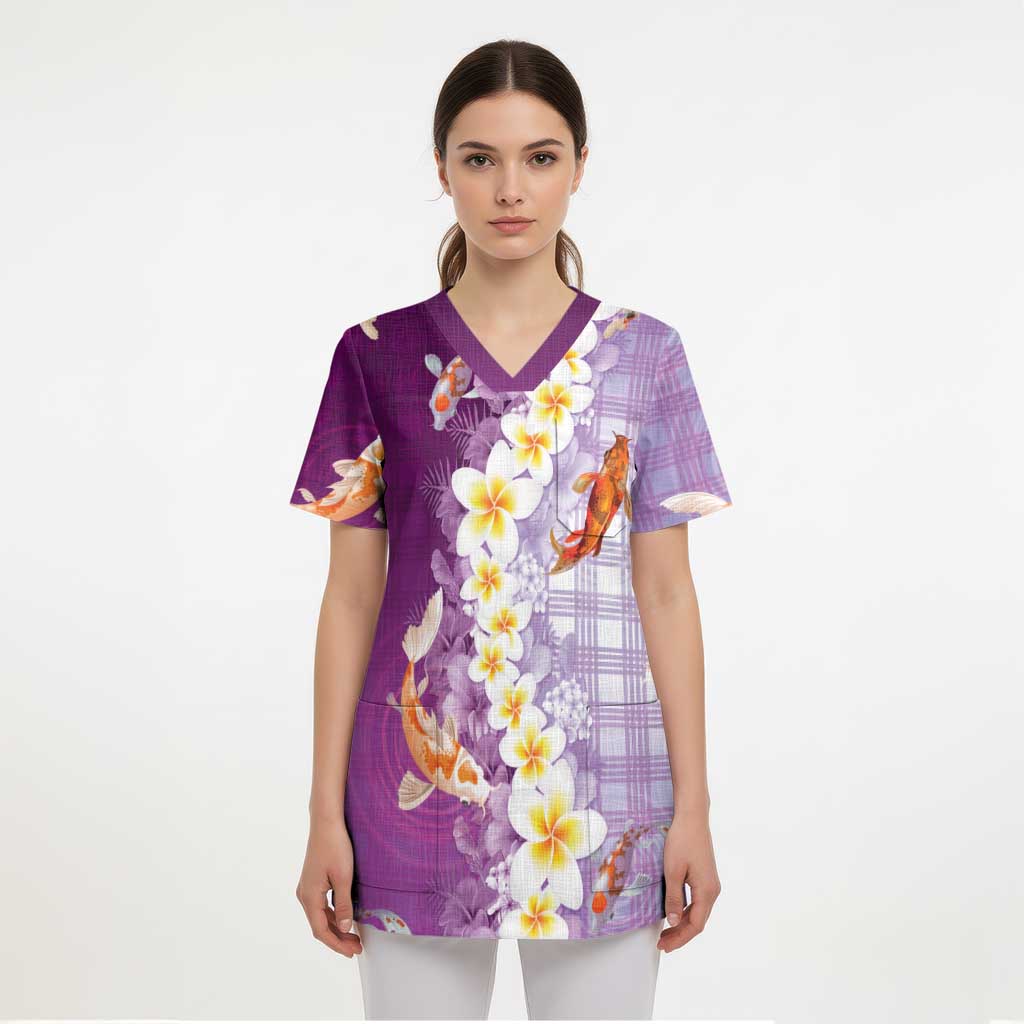 Hawaii And Japan Scrub Top Plumeria Lei With Koi Fish Purple LT05 - Polynesian Pride