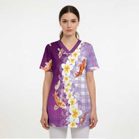 Hawaii And Japan Scrub Top Plumeria Lei With Koi Fish Purple LT05 - Polynesian Pride