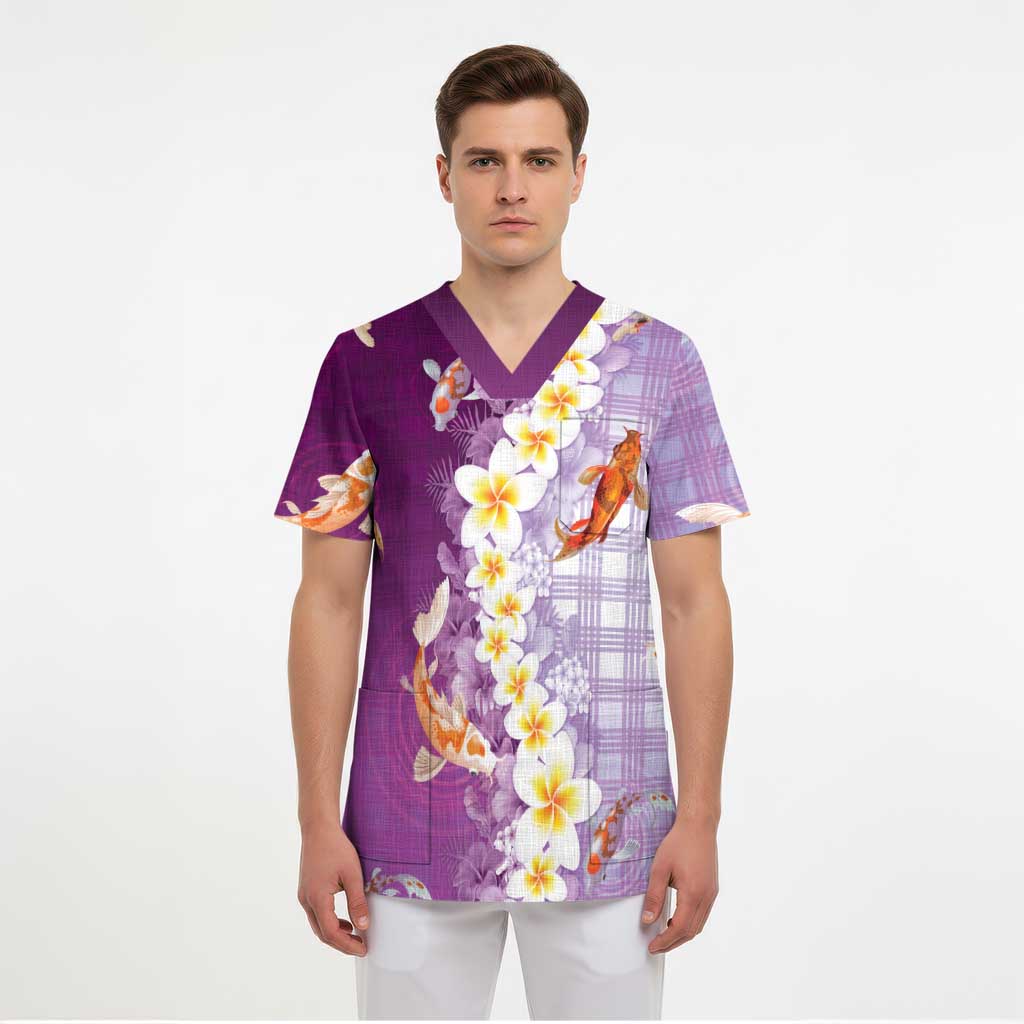Hawaii And Japan Scrub Top Plumeria Lei With Koi Fish Purple LT05 - Polynesian Pride