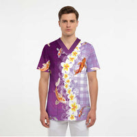 Hawaii And Japan Scrub Top Plumeria Lei With Koi Fish Purple LT05 - Polynesian Pride