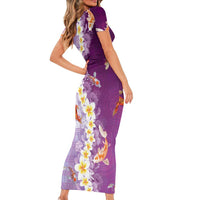 Hawaii And Japan Short Sleeve Bodycon Dress Plumeria Lei With Koi Fish Purple LT05 - Polynesian Pride