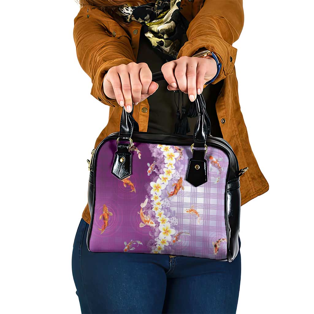Hawaii And Japan Shoulder Handbag Plumeria Lei With Koi Fish Purple - Polynesian Pride