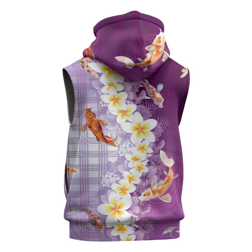 Hawaii And Japan Sleeveless Hoodie Plumeria Lei With Koi Fish Purple LT05 - Polynesian Pride