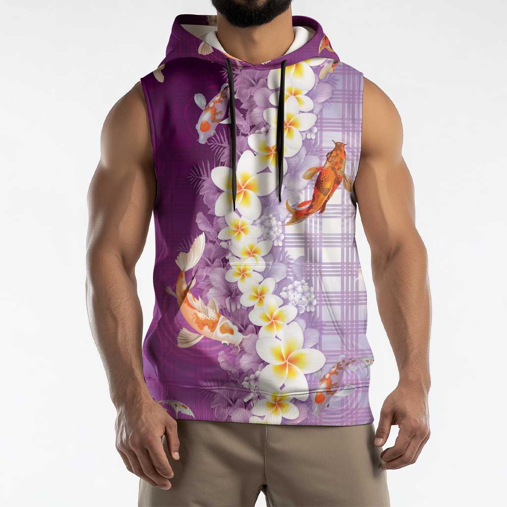 Hawaii And Japan Sleeveless Hoodie Plumeria Lei With Koi Fish Purple LT05 - Polynesian Pride