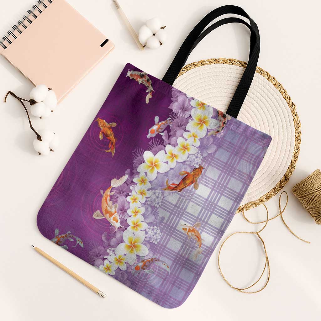 Hawaii And Japan Tote Bag Plumeria Lei With Koi Fish Purple LT05 Black Strap One Size Purple - Polynesian Pride