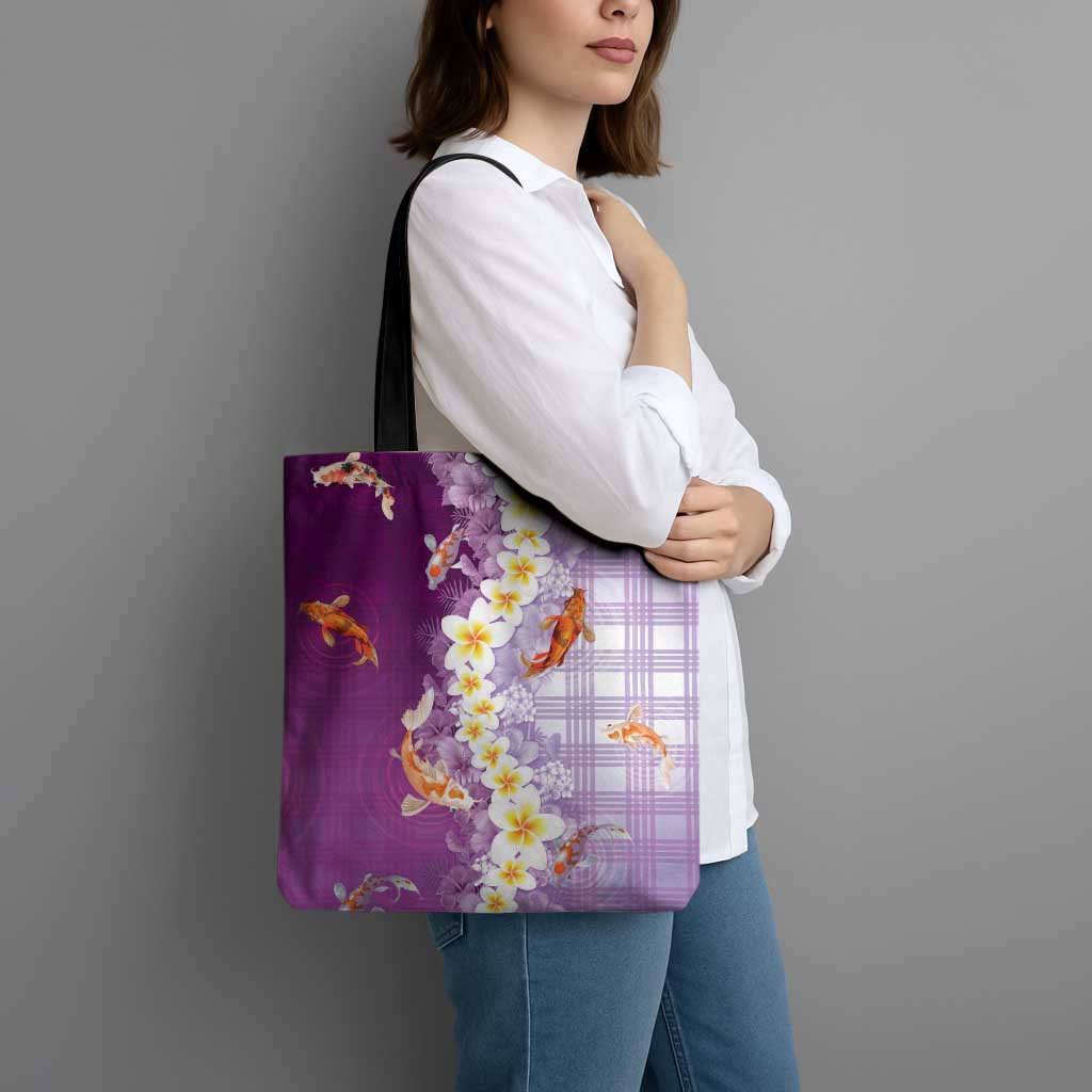 Hawaii And Japan Tote Bag Plumeria Lei With Koi Fish Purple LT05 - Polynesian Pride