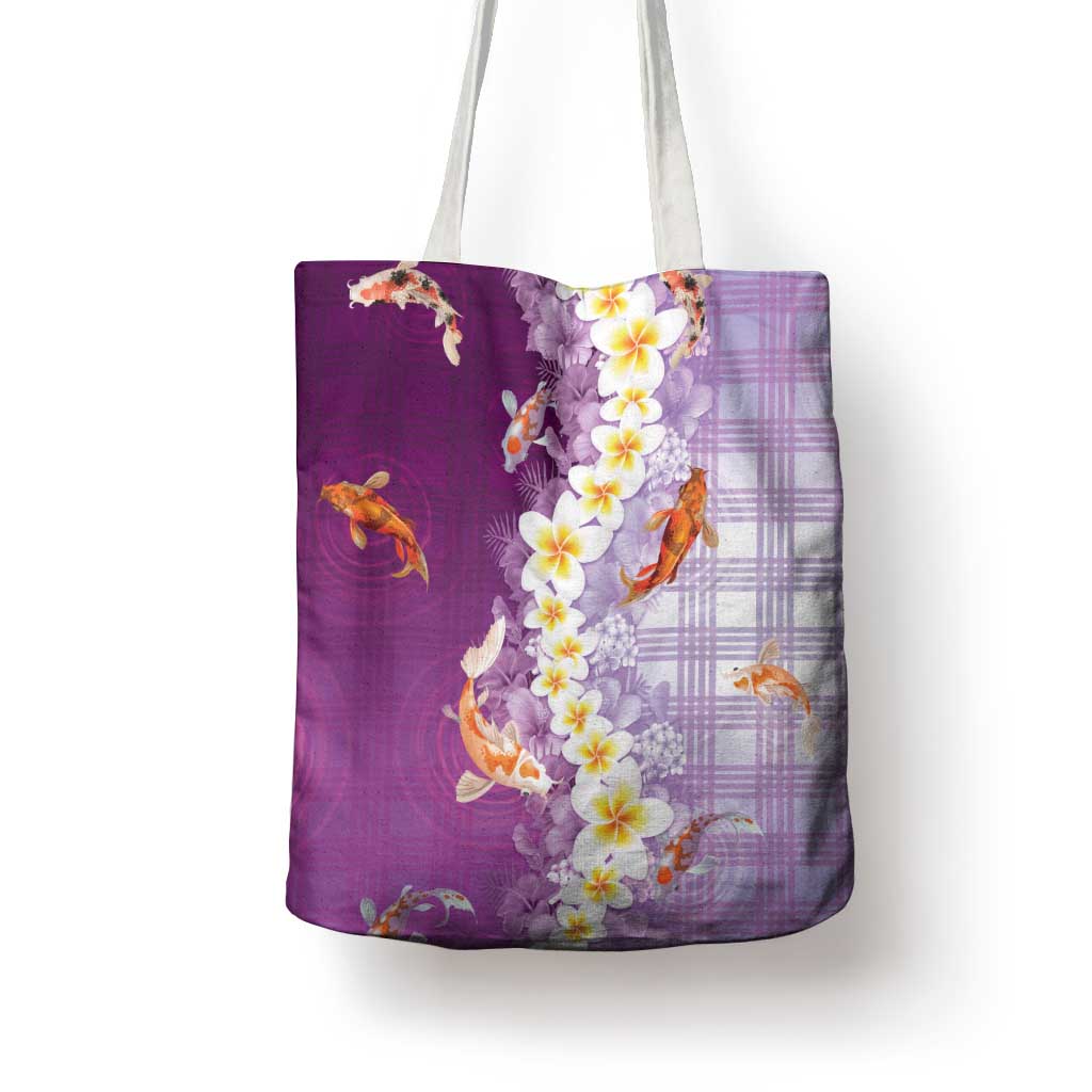 Hawaii And Japan Tote Bag Plumeria Lei With Koi Fish Purple LT05 - Polynesian Pride