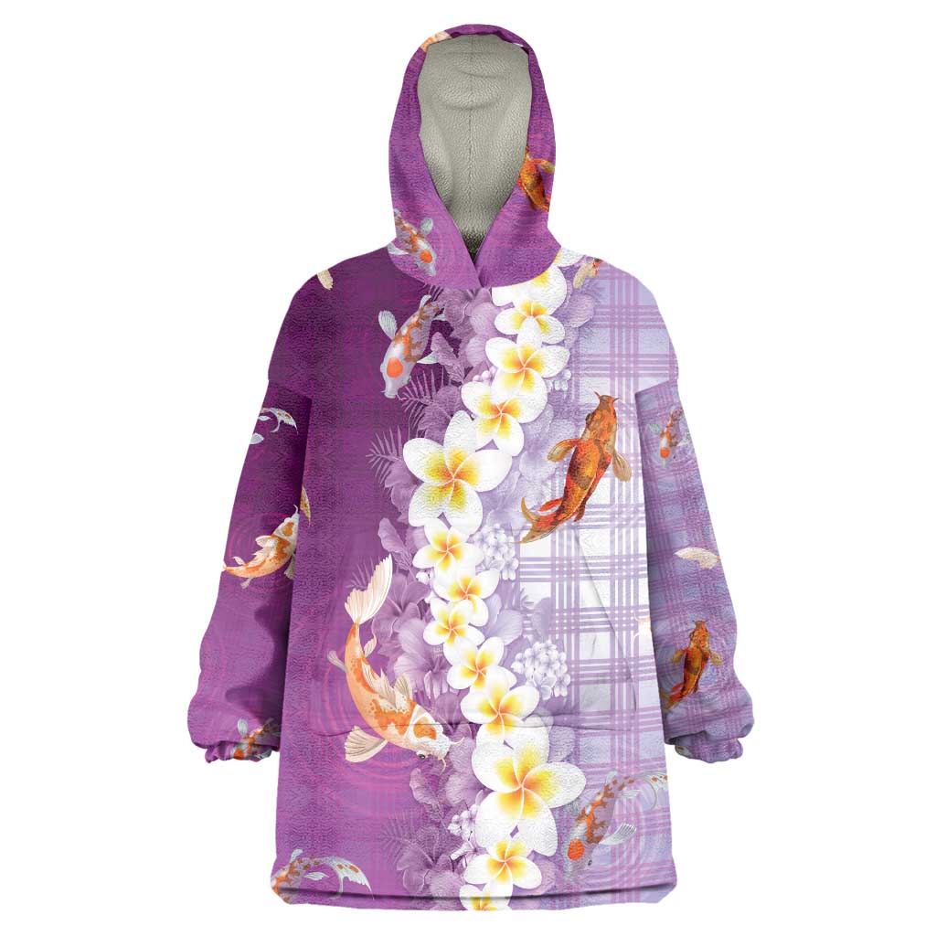 Hawaii And Japan Wearable Blanket Hoodie Plumeria Lei With Koi Fish Purple LT05 One Size Purple - Polynesian Pride
