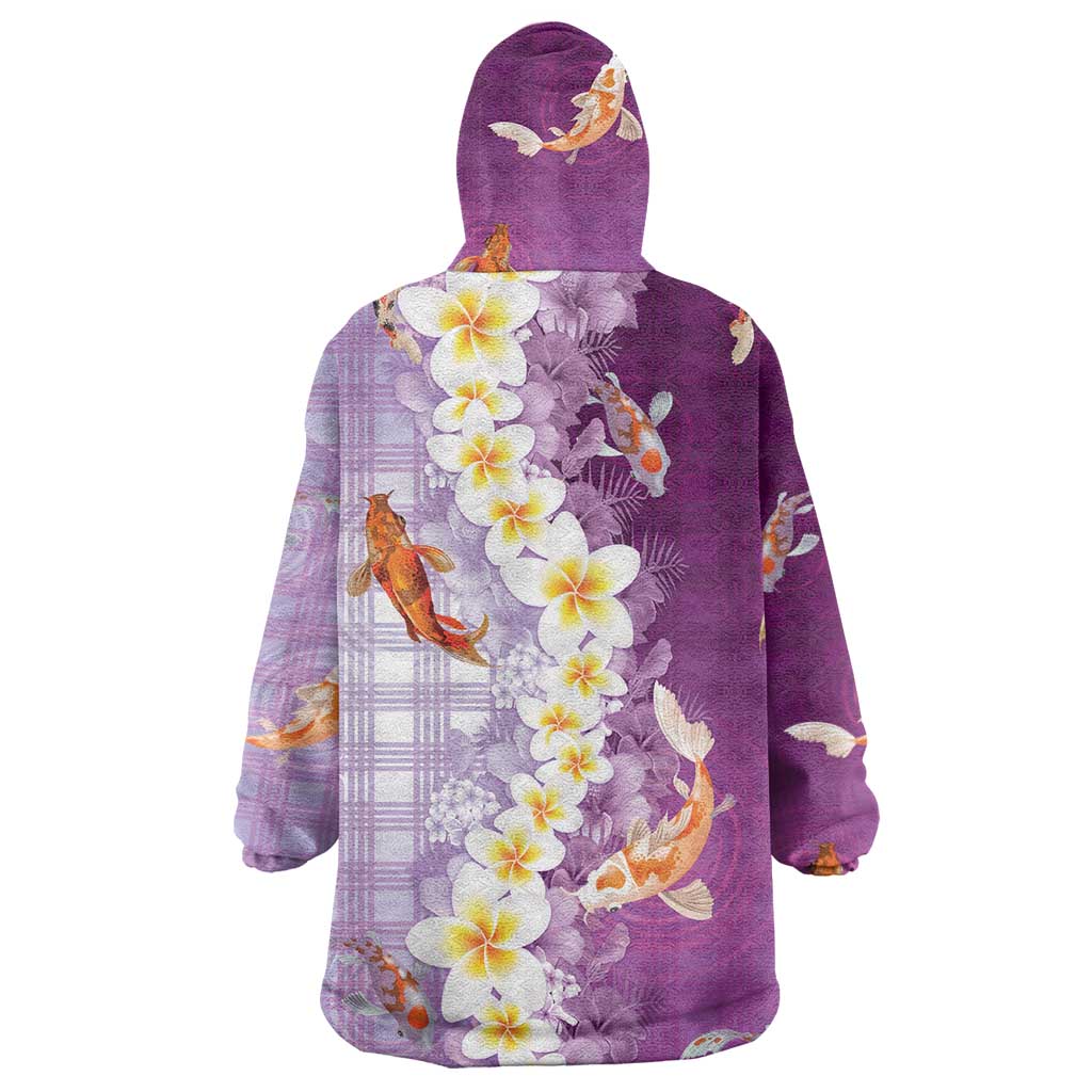 Hawaii And Japan Wearable Blanket Hoodie Plumeria Lei With Koi Fish Purple LT05 - Polynesian Pride