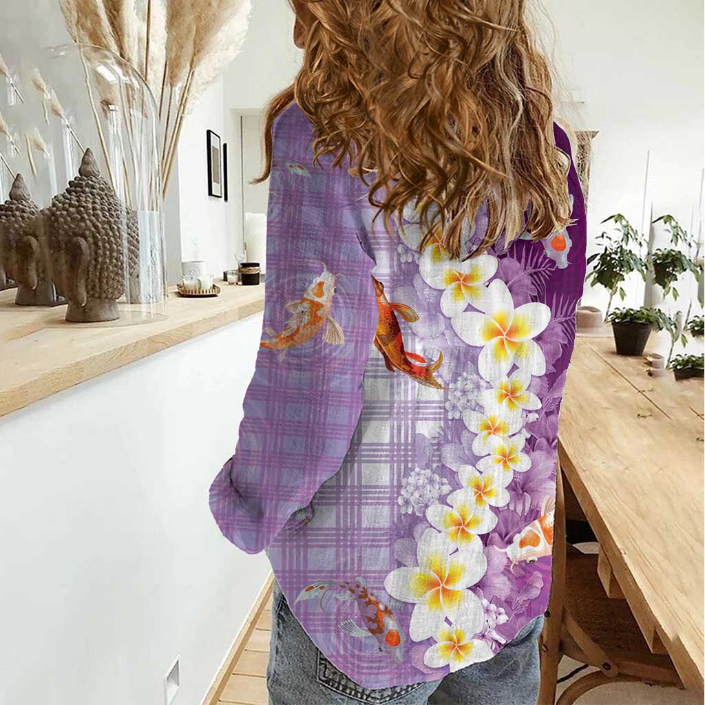 Hawaii And Japan Women Casual Shirt Plumeria Lei With Koi Fish Purple LT05 - Polynesian Pride