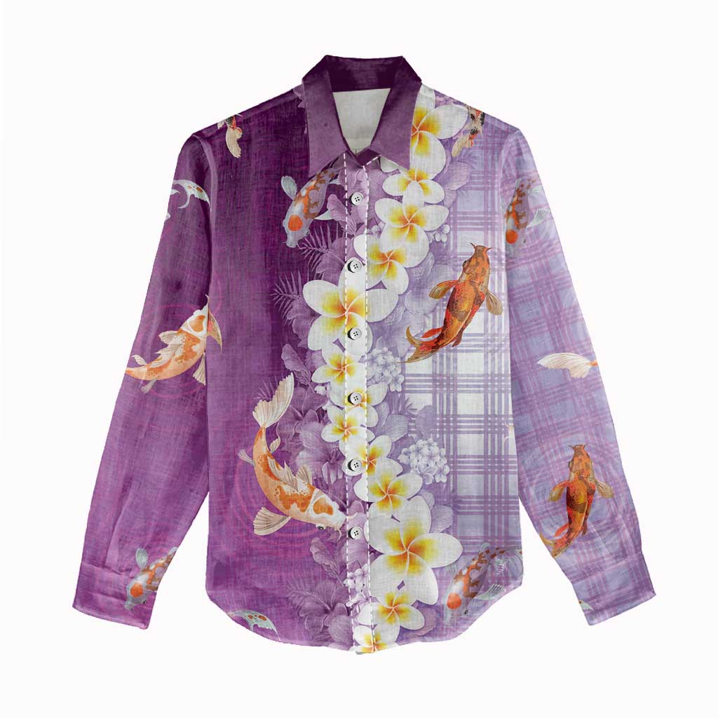 Hawaii And Japan Women Casual Shirt Plumeria Lei With Koi Fish Purple LT05 - Polynesian Pride