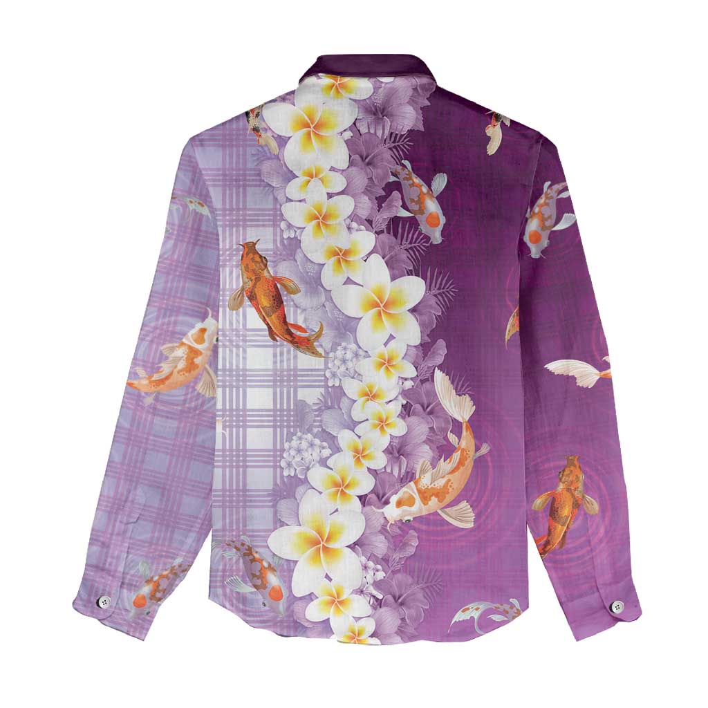 Hawaii And Japan Women Casual Shirt Plumeria Lei With Koi Fish Purple LT05 - Polynesian Pride