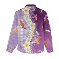 Hawaii And Japan Women Casual Shirt Plumeria Lei With Koi Fish Purple LT05 - Polynesian Pride