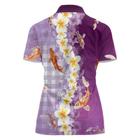Hawaii And Japan Women Polo Shirt Plumeria Lei With Koi Fish Purple LT05 - Polynesian Pride
