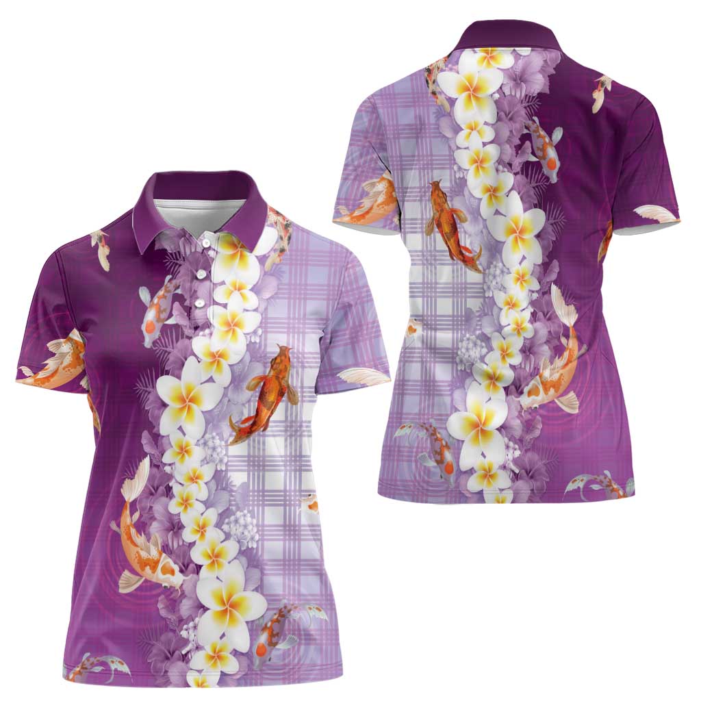 Hawaii And Japan Women Polo Shirt Plumeria Lei With Koi Fish Purple LT05 - Polynesian Pride