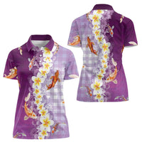 Hawaii And Japan Women Polo Shirt Plumeria Lei With Koi Fish Purple LT05 - Polynesian Pride