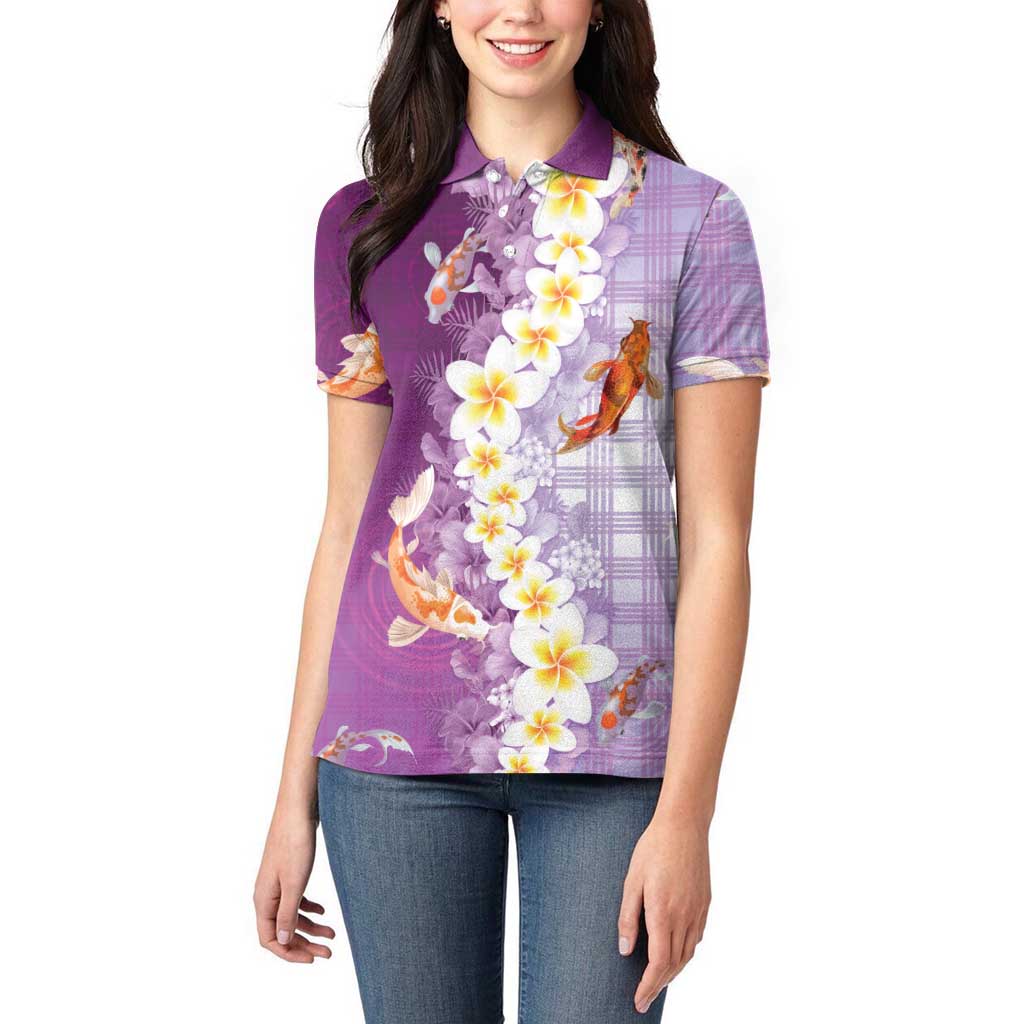 Hawaii And Japan Women Polo Shirt Plumeria Lei With Koi Fish Purple LT05 - Polynesian Pride