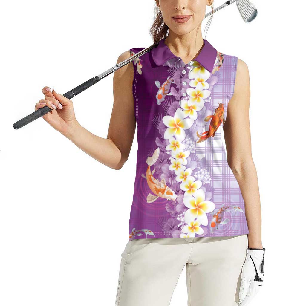 Hawaii And Japan Women Sleeveless Polo Shirt Plumeria Lei With Koi Fish Purple LT05 - Polynesian Pride