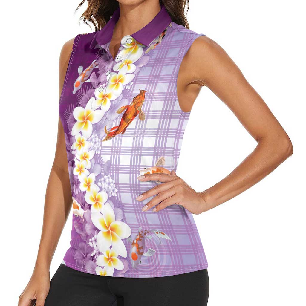 Hawaii And Japan Women Sleeveless Polo Shirt Plumeria Lei With Koi Fish Purple LT05 - Polynesian Pride