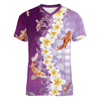 Hawaii And Japan Women V-Neck T-Shirt Plumeria Lei With Koi Fish Purple LT05 Female Purple - Polynesian Pride