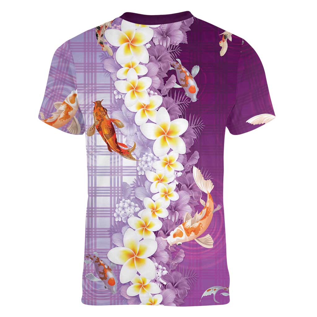 Hawaii And Japan Women V-Neck T-Shirt Plumeria Lei With Koi Fish Purple LT05 - Polynesian Pride
