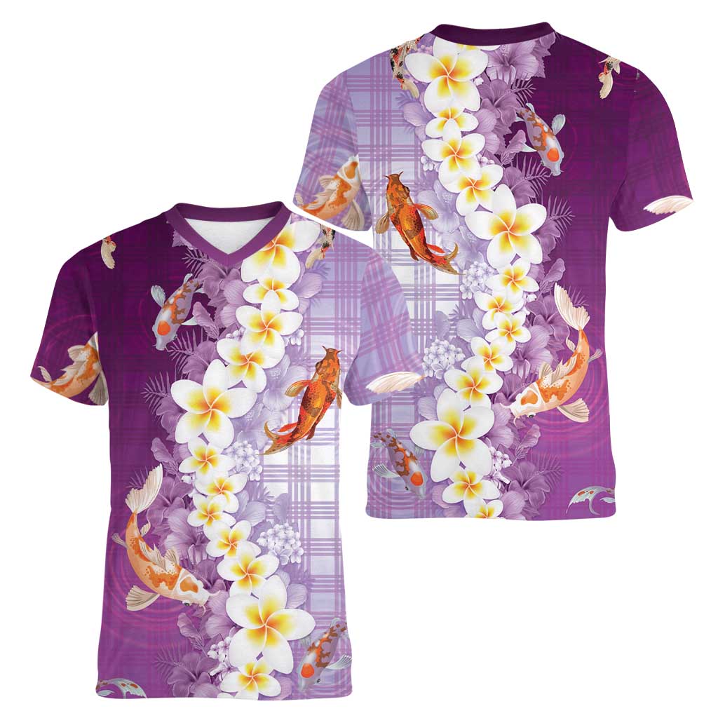 Hawaii And Japan Women V-Neck T-Shirt Plumeria Lei With Koi Fish Purple LT05 - Polynesian Pride