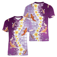 Hawaii And Japan Women V-Neck T-Shirt Plumeria Lei With Koi Fish Purple LT05 - Polynesian Pride
