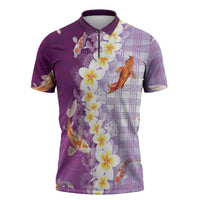 Hawaii And Japan Zipper Polo Shirt Plumeria Lei With Koi Fish Purple LT05 Purple - Polynesian Pride