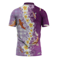 Hawaii And Japan Zipper Polo Shirt Plumeria Lei With Koi Fish Purple LT05 - Polynesian Pride